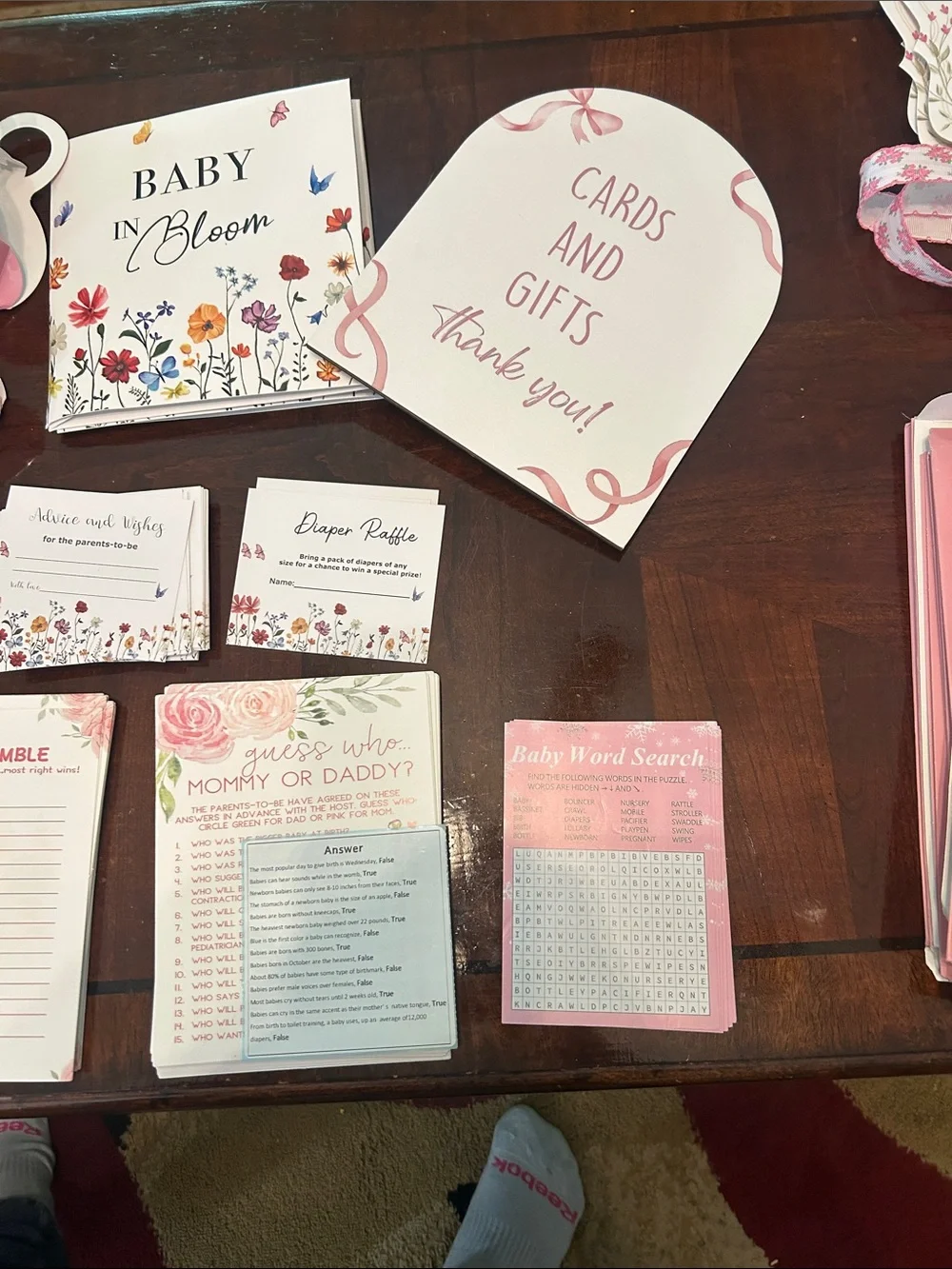 Pink Floral Baby Shower Game and Decor Set
